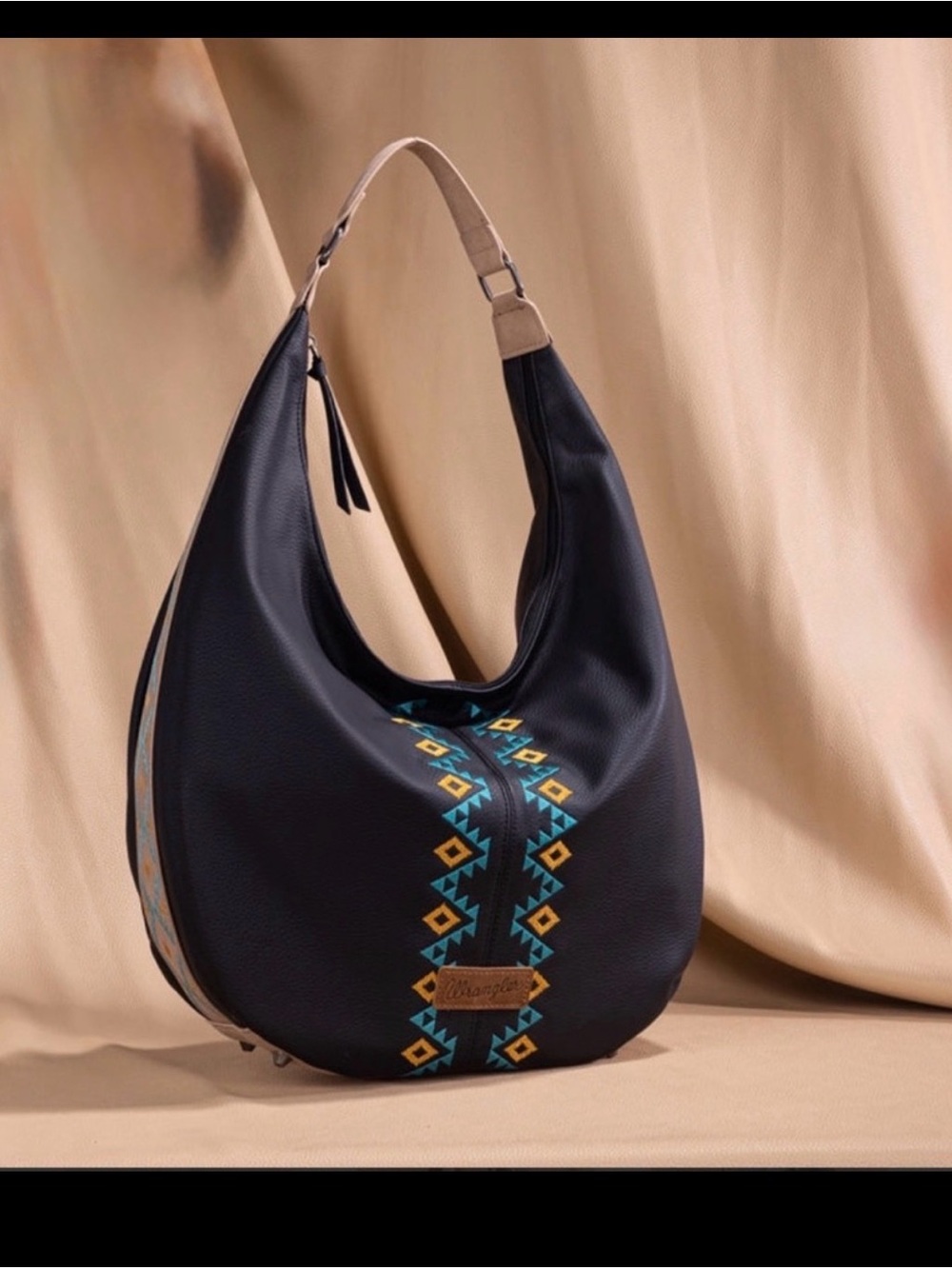 Black Hobo Bag with Turquoise & Yellow Aztec Pattern